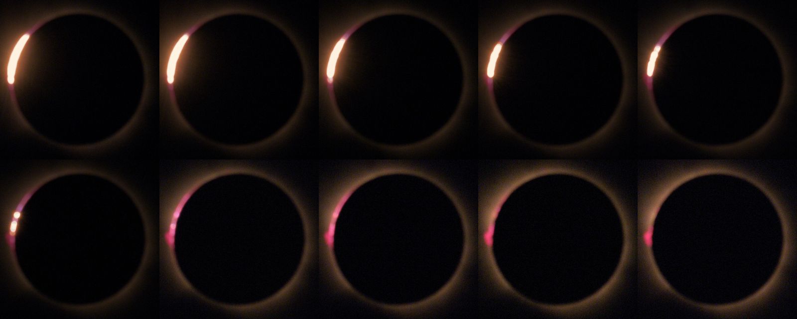 Second contact, 20:26:50 to 20:27:05: the diamond ring breaks into beads, then the chromosphere and a prominence appear