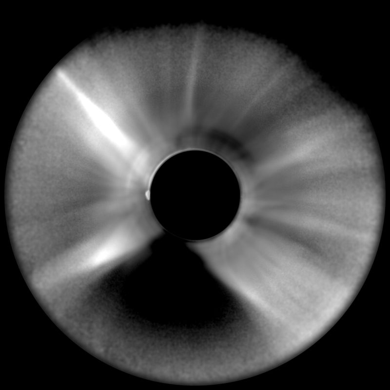 Radial graded filter: every distance from the Sun at equal contrast, so the whole shape of the corona shows